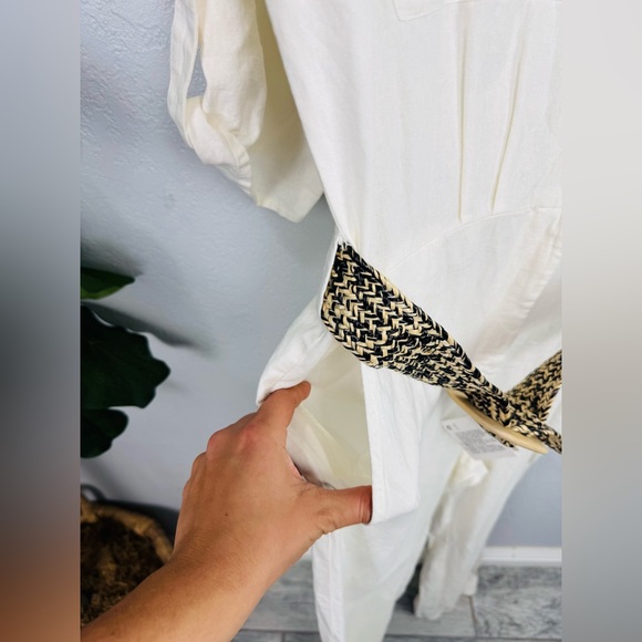 NWT Zara Cream White Linen Jumpsuit Woven Belted Mid Sleeve Romper Size Medium - Picture 6 of 11